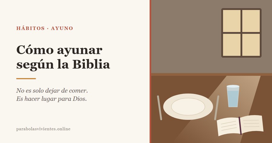 Un plato vacío, un vaso de agua y una Biblia abierta sobre una mesa iluminada por la luz de una ventana