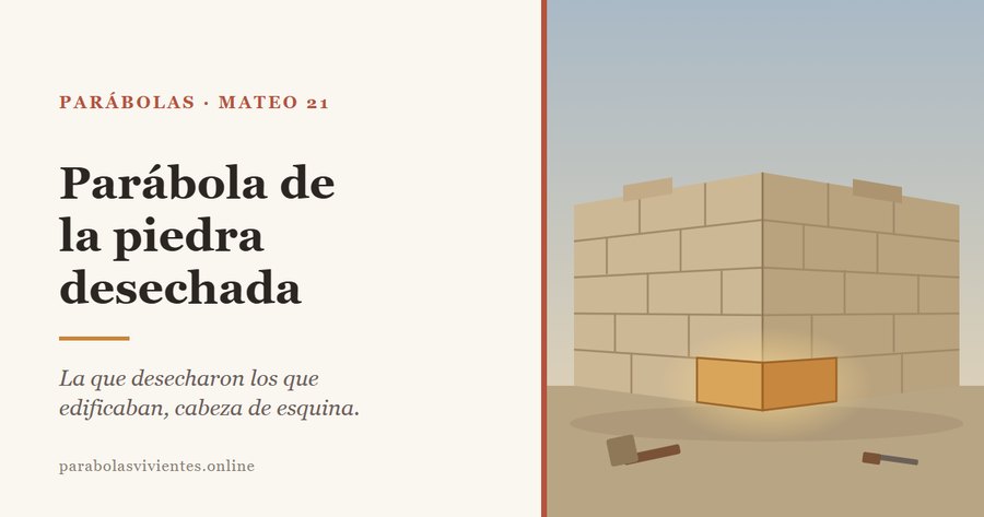 La esquina de un muro de piedra en construcción, con la gran piedra angular de la base iluminada en tono dorado y un mazo y un cincel en el suelo, en la parábola de la piedra desechada de Mateo 21