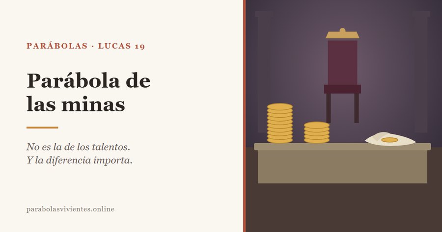 Sobre una mesa de piedra, frente a un trono, montones de diez, cinco y una moneda, y un pañuelo abierto junto a la última, en la parábola de las minas de Lucas 19