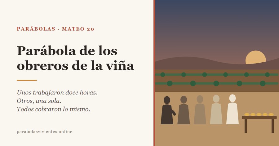 Obreros en fila ante la mesa del mayordomo al caer la tarde, en la parábola de los obreros de la viña de Mateo 20