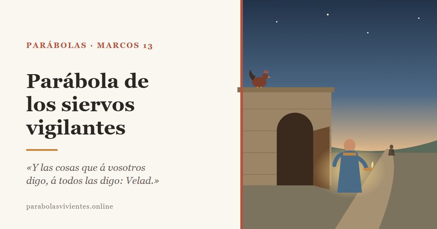 De madrugada, el portero de una casa está de pie junto al portón abierto, con una lámpara en la mano, mirando el camino por donde volverá su señor, con un gallo sobre el muro, en la parábola de los siervos vigilantes de Marcos 13