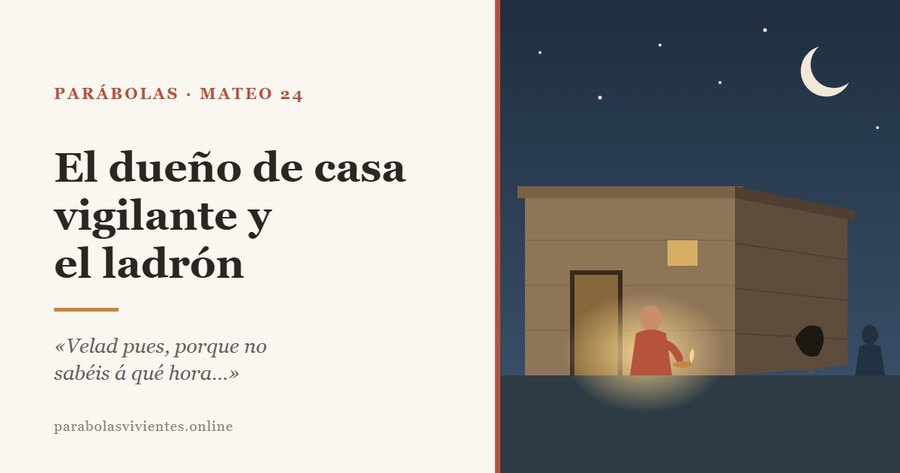Una casa de adobe de noche bajo la luna; el dueño, sentado y despierto junto a la puerta con una lámpara de aceite, mientras en el muro lateral, en la sombra, se ve el hueco que un ladrón empezaba a abrir, en la parábola de Mateo 24