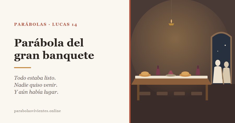 Una mesa larga servida con los asientos vacíos y, por la puerta abierta, invitados inesperados que entran, en la parábola del gran banquete de Lucas 14