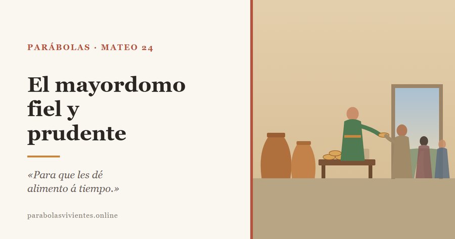 En la despensa de una casa, entre grandes tinajas, el mayordomo entrega panes a los siervos que se acercan, mientras por la puerta abierta se ve el camino por donde ha de volver el señor, en la parábola de Mateo 24