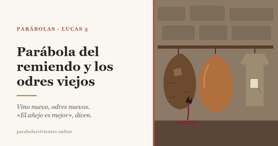 Un odre viejo y remendado que se ha reventado y gotea vino junto a un odre nuevo y una túnica con un remiendo, en la parábola de Lucas 5