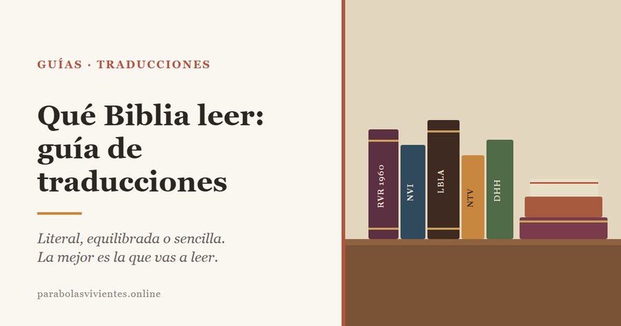Varias Biblias de distintos colores y tamaños, de pie y apiladas sobre una mesa, con siglas de traducciones en los lomos