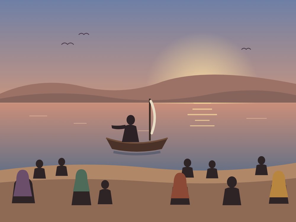 Al atardecer, Jesús sentado en un barco cerca de la orilla del mar de Galilea habla a una multitud sentada en la ribera, como en Mateo 13:1-3